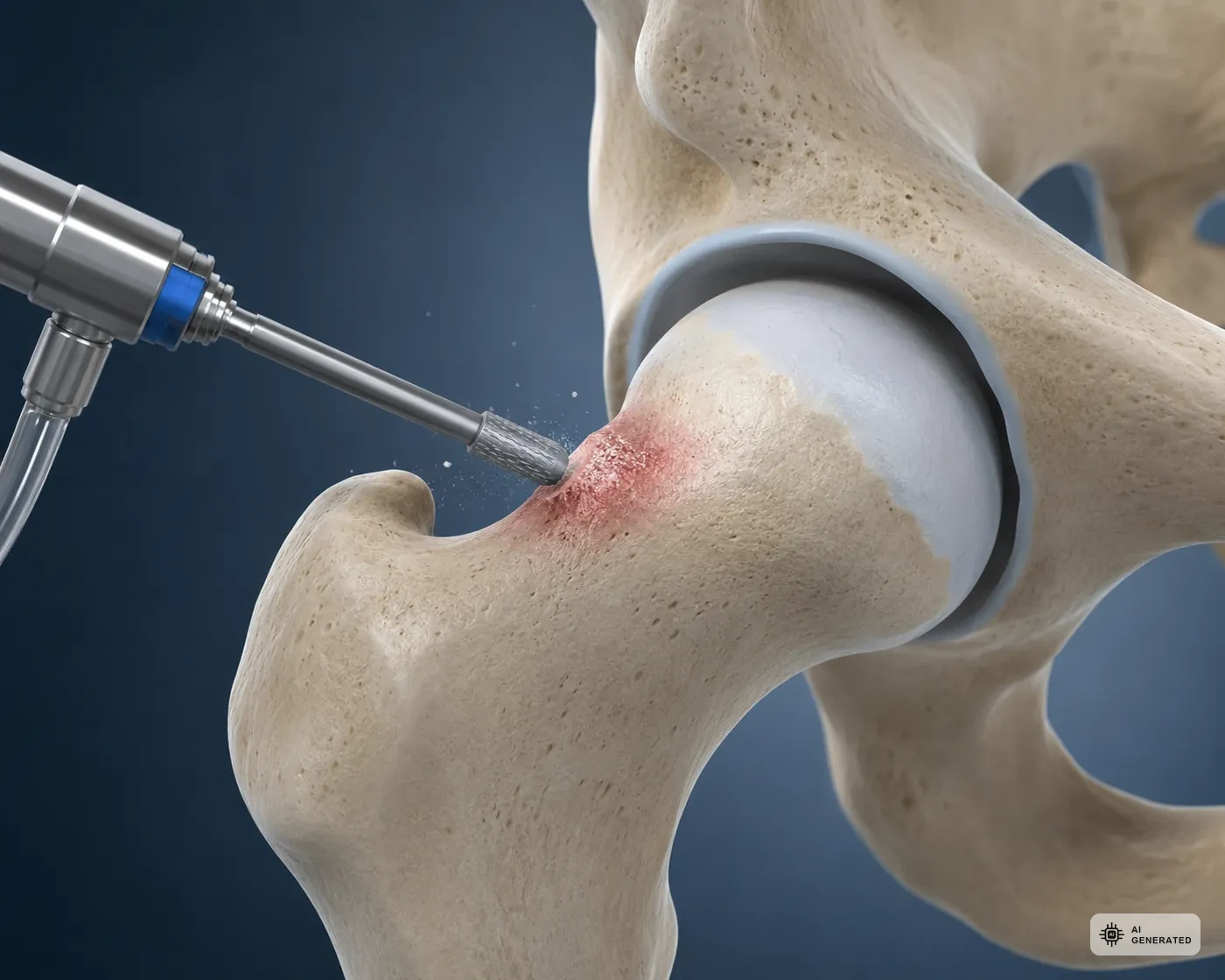 Abtragung des knoechernen Anbaus am Schenkelhals bei Cam-Impingement mit der Fraese
