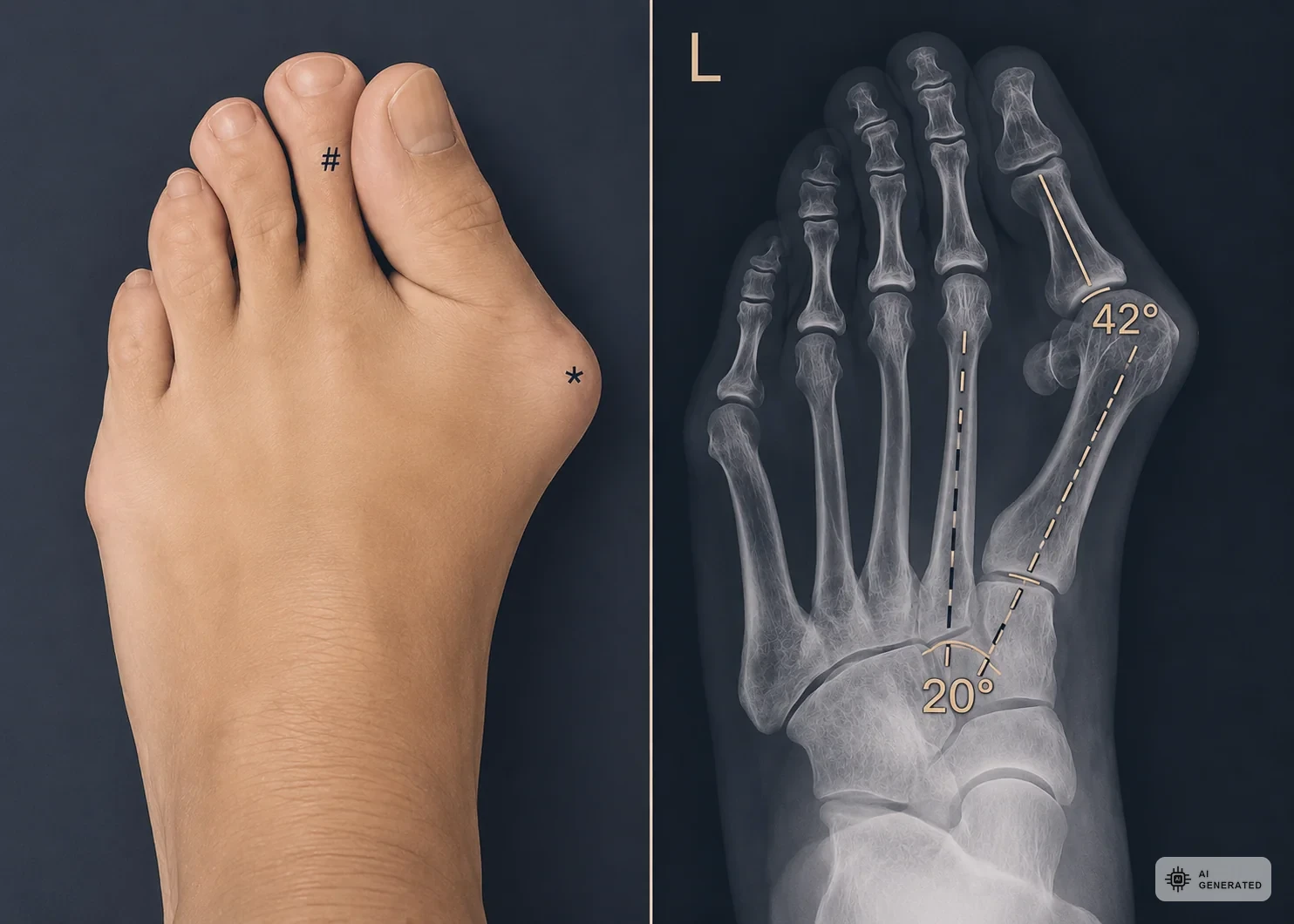 Fussfoto mit Ballenzeh neben Roentgenbild mit eingezeichnetem Intermetatarsalwinkel von 20 Grad und Hallux-valgus-Winkel von 42 Grad