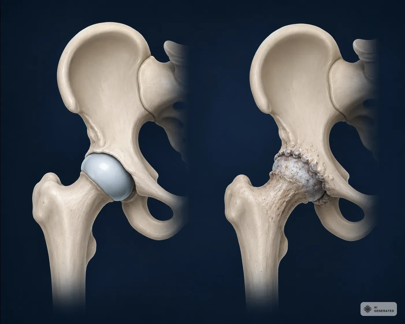 Vergleich eines gesunden Hueftgelenks mit einem arthrotisch veraenderten Hueftgelenk