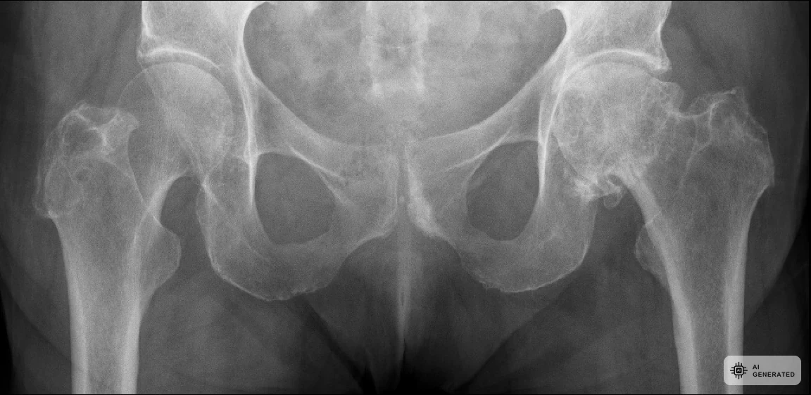 Roentgenaufnahme eines Hueftgelenks mit fortgeschrittener Arthrose als Indikation fuer eine Hueftprothese