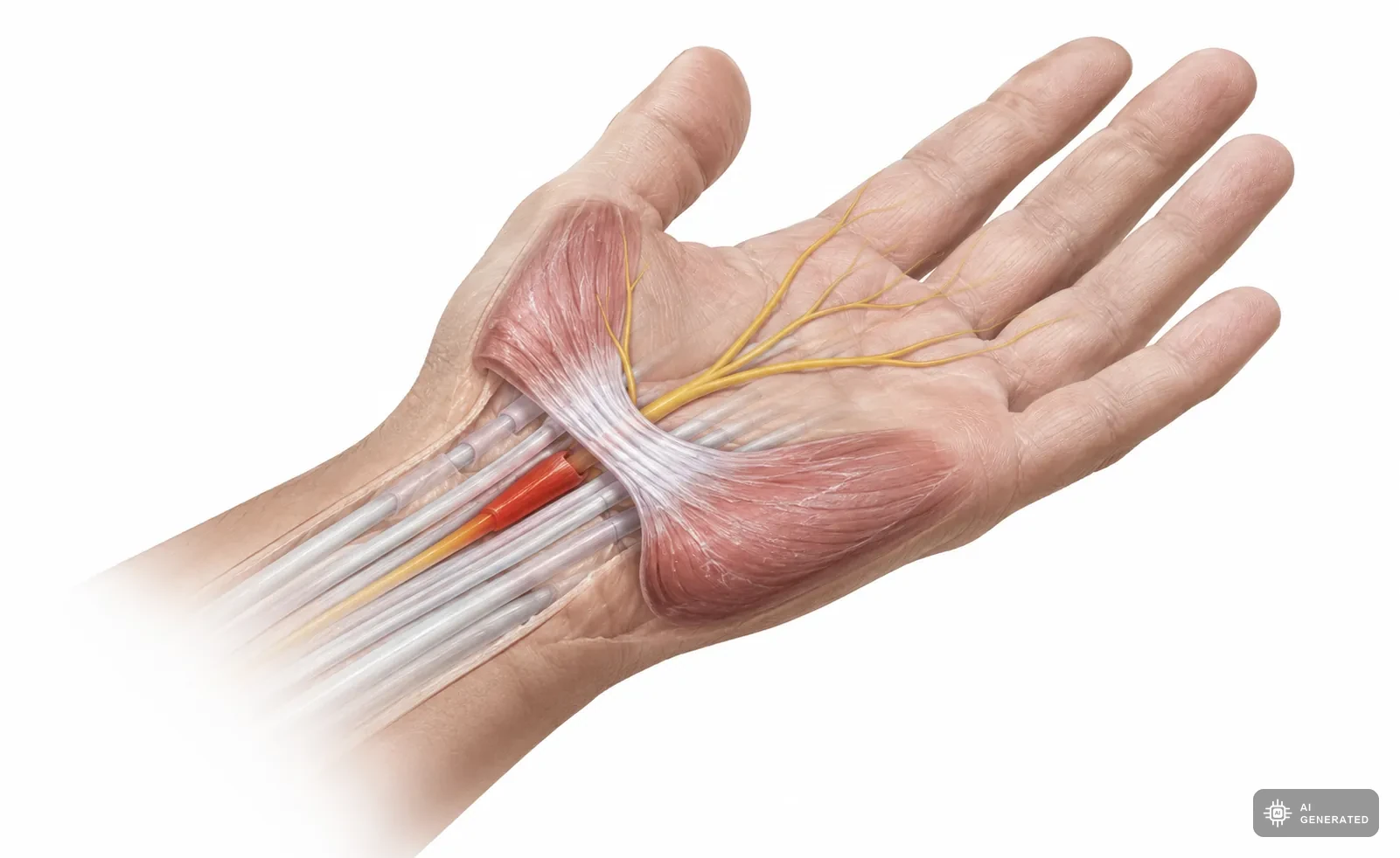 Anatomie der Handinnenflaeche mit Beugesehnen und dem unter dem Retinaculum flexorum eingeengten Nervus medianus, Engstelle rot markiert