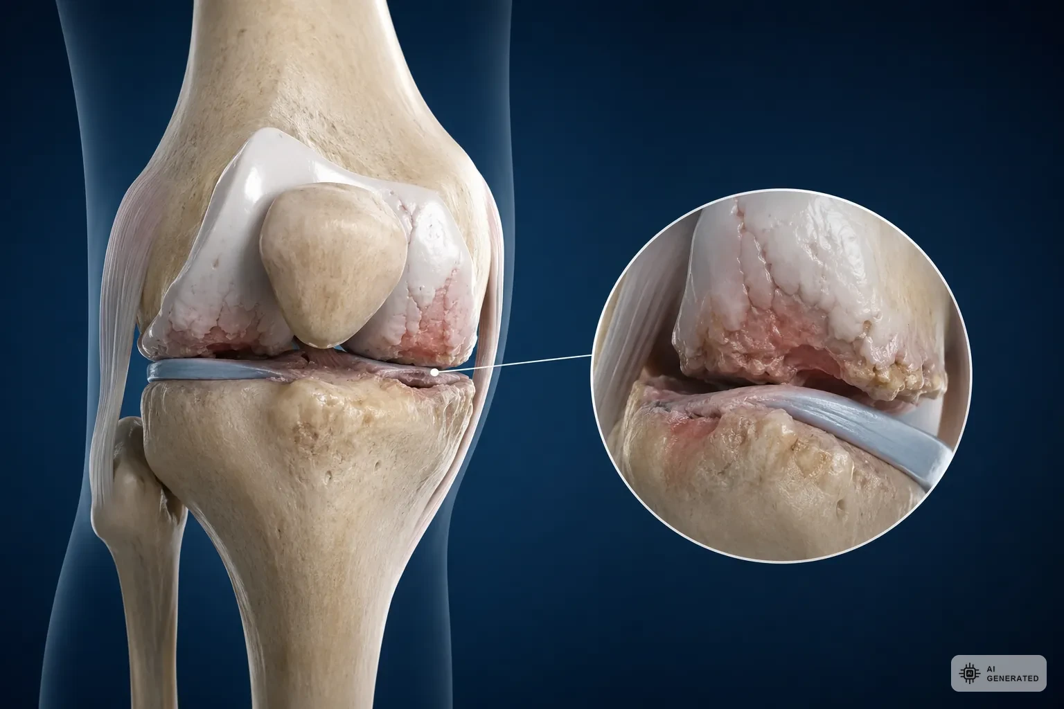 Anatomische Darstellung eines Kniegelenks mit Knorpelverschleiss und verschmaelertem Gelenkspalt bei Gonarthrose