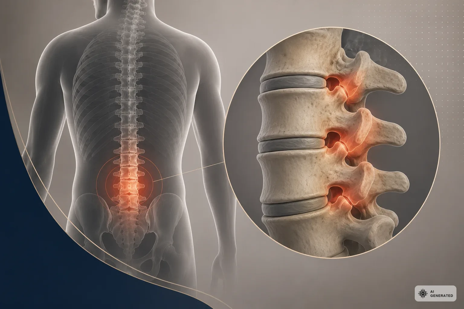 Anatomische Darstellung der Lendenwirbelsaeule mit der beim Hexenschuss betroffenen Region
