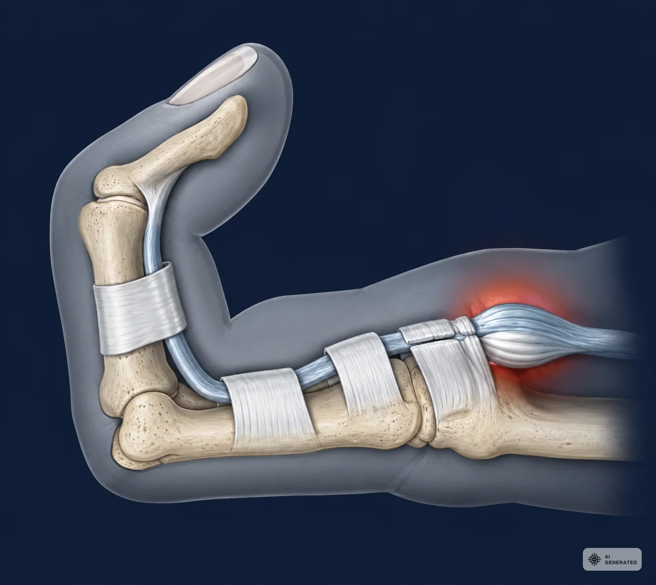 Anatomische Darstellung der Beugesehne im Ringband der Hand bei Schnappfinger